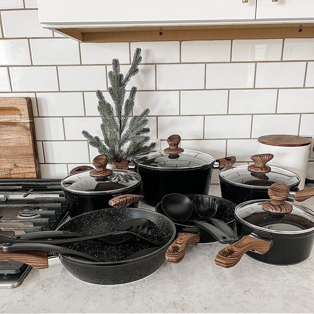 MAISON ARTS Pots & Pans Set Non Stick 15 Pcs Non-Toxic Hammered Black Induction