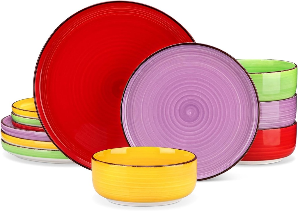 12 Pieces Dishes Set Polished round Plates and Bowls Set for 4, Dishwasher and M