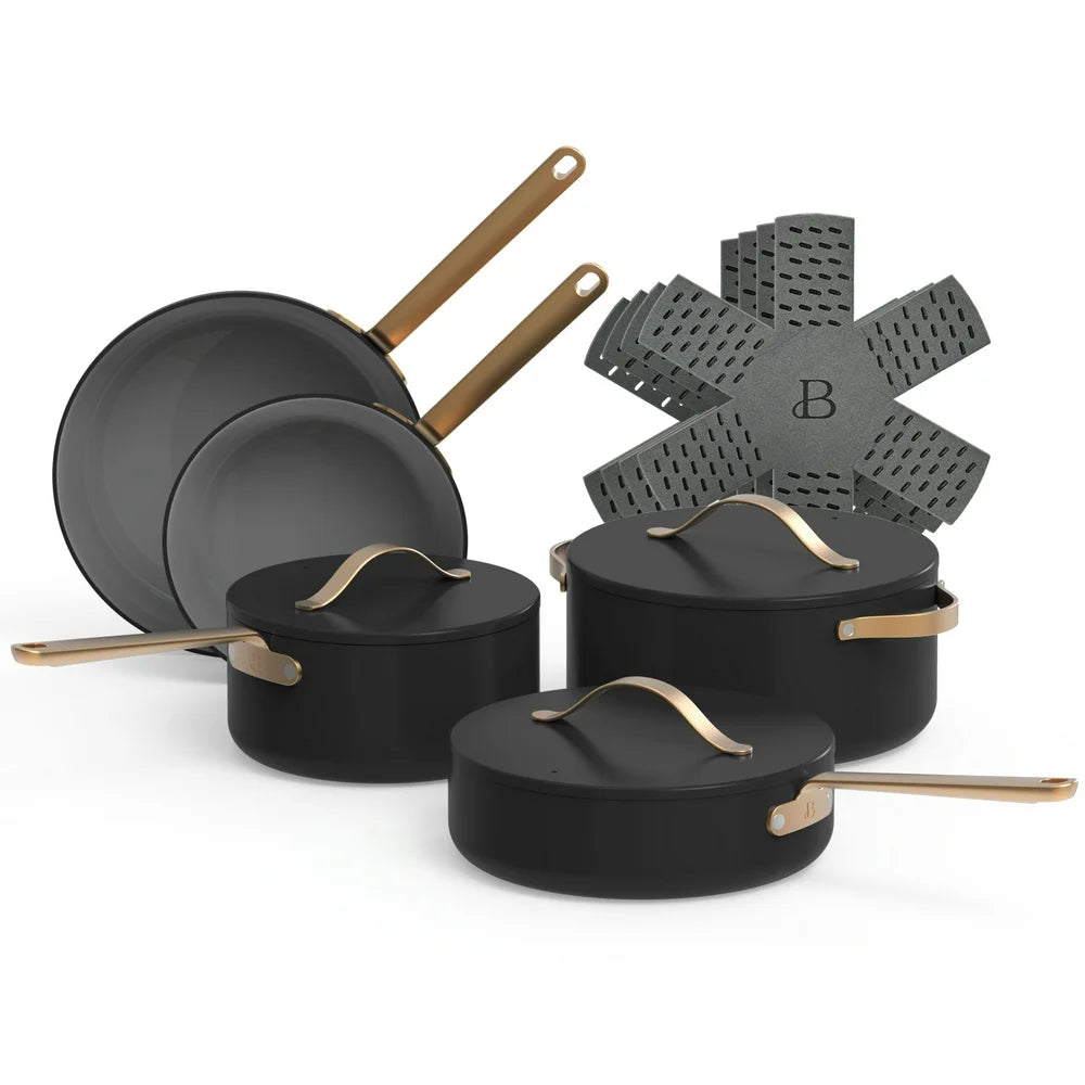 Beautiful 12Pc Ceramic Non-Stick Cookware Set, Black Sesame by Drew Barrymore