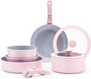 Vkoocy 9 Piece Pink Non Stick Pot and Pan Sets with Removable Handle, Ceramic Co