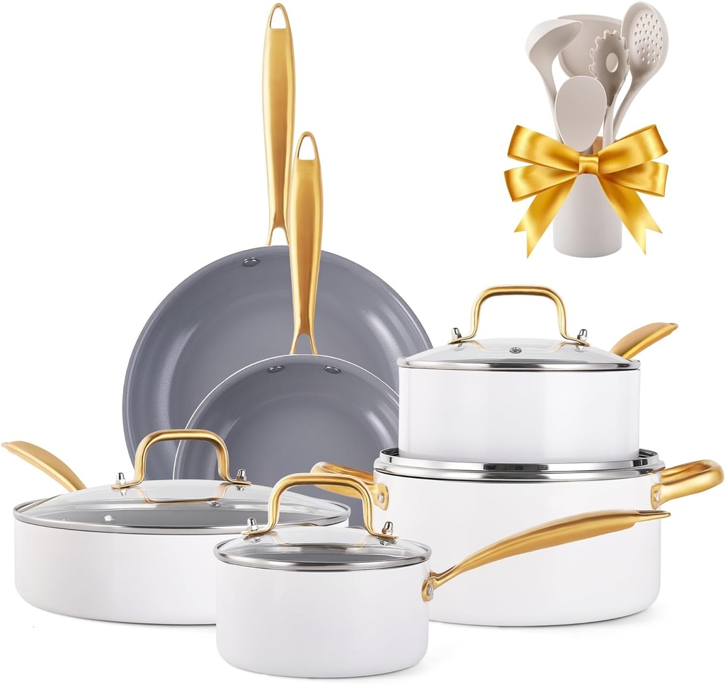 Pots and Pans Set Nonstick - VONIKI Non Toxic Ceramic Cookware Set, Kitchen Cook