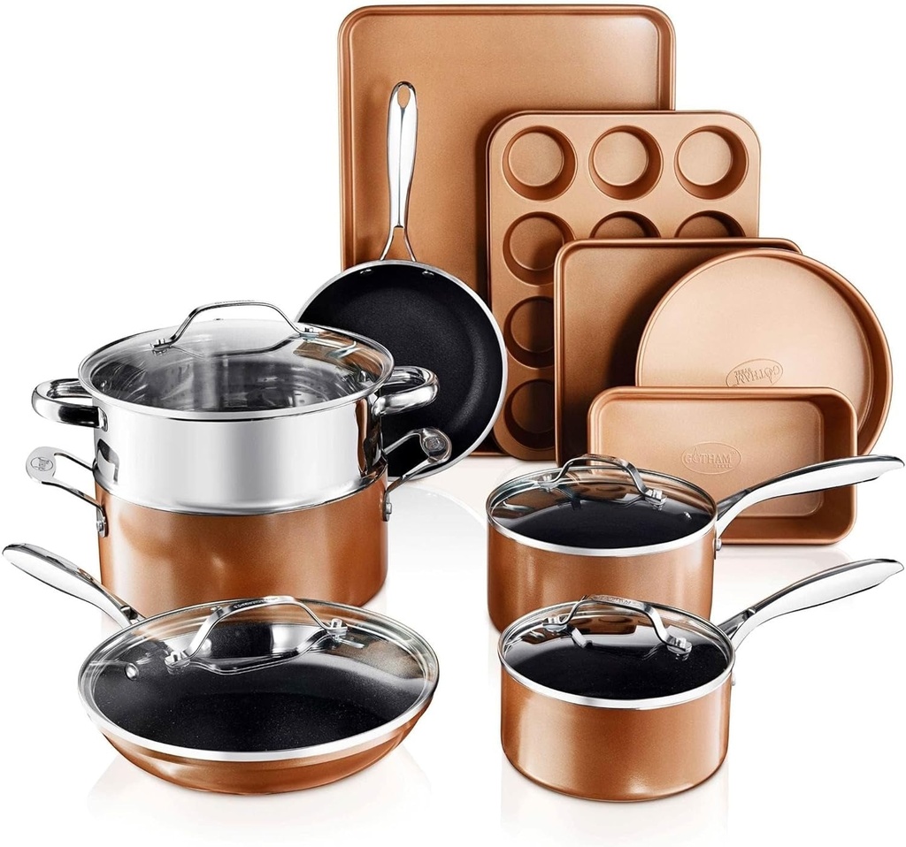 Gotham Steel 15 Pc Copper Pots and Pans Set Non Stick Cookware Set. Kitchen Cook