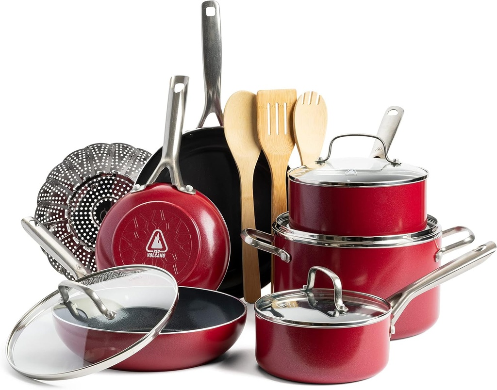 Textured Ceramic Nonstick, 14 Piece Cookware Pots and Pans Set with Stainless St