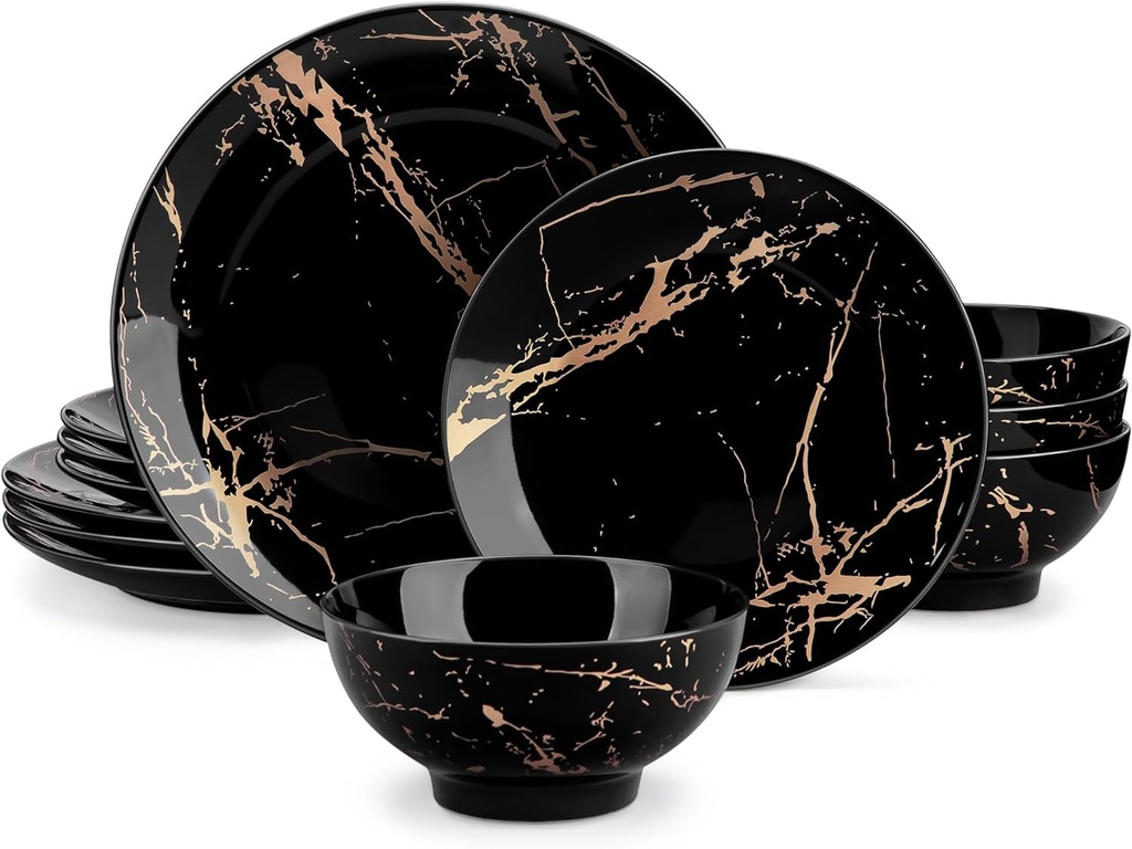 LOVECASA Plates and Bowls Sets for 4, 12 Pieces Porcelain Dinnerware Sets, Black