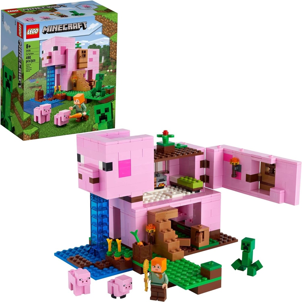 LEGO Minecraft the Pig House, 21170 with Alex, Creeper and 2 Pig Figures, Animal