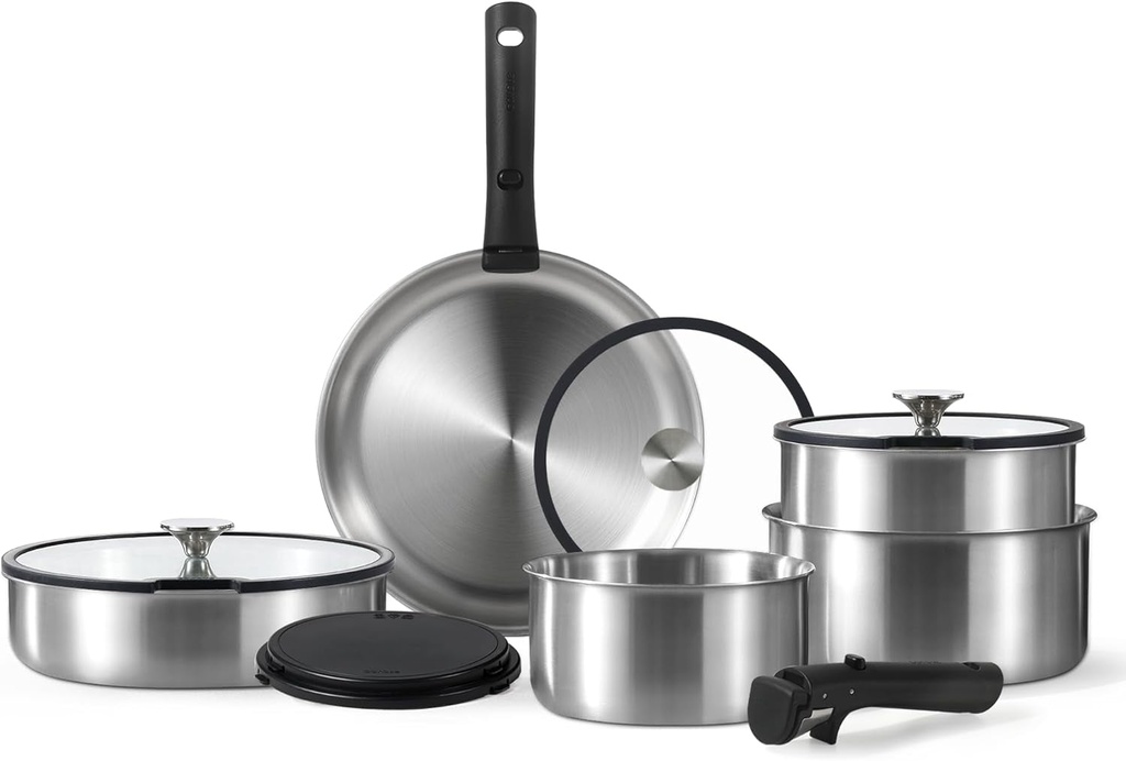 CAROTE 12Pcs Pots and Pans Set, Stainless Steel Kitchen Cookware Set Detachable