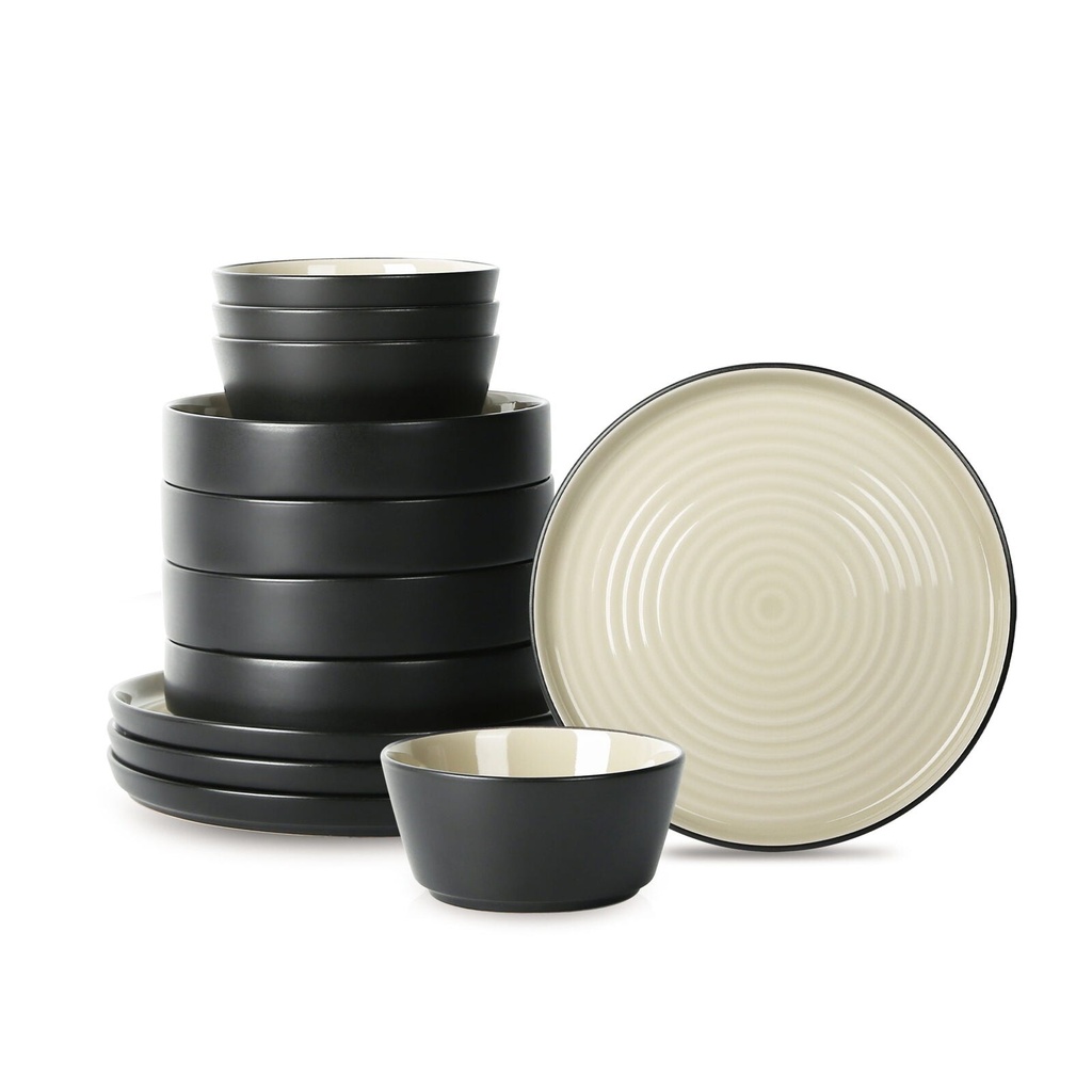 Stone Lain Elica 12-Piece Dinnerware Set Stoneware, Beige and Black