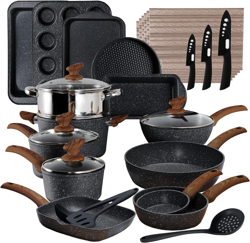 Induction Cookware & Bakeware Set - 30 Piece Black Granite Cooking Pans Set, Non