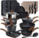 Induction Cookware & Bakeware Set - 30 Piece Black Granite Cooking Pans Set, Non