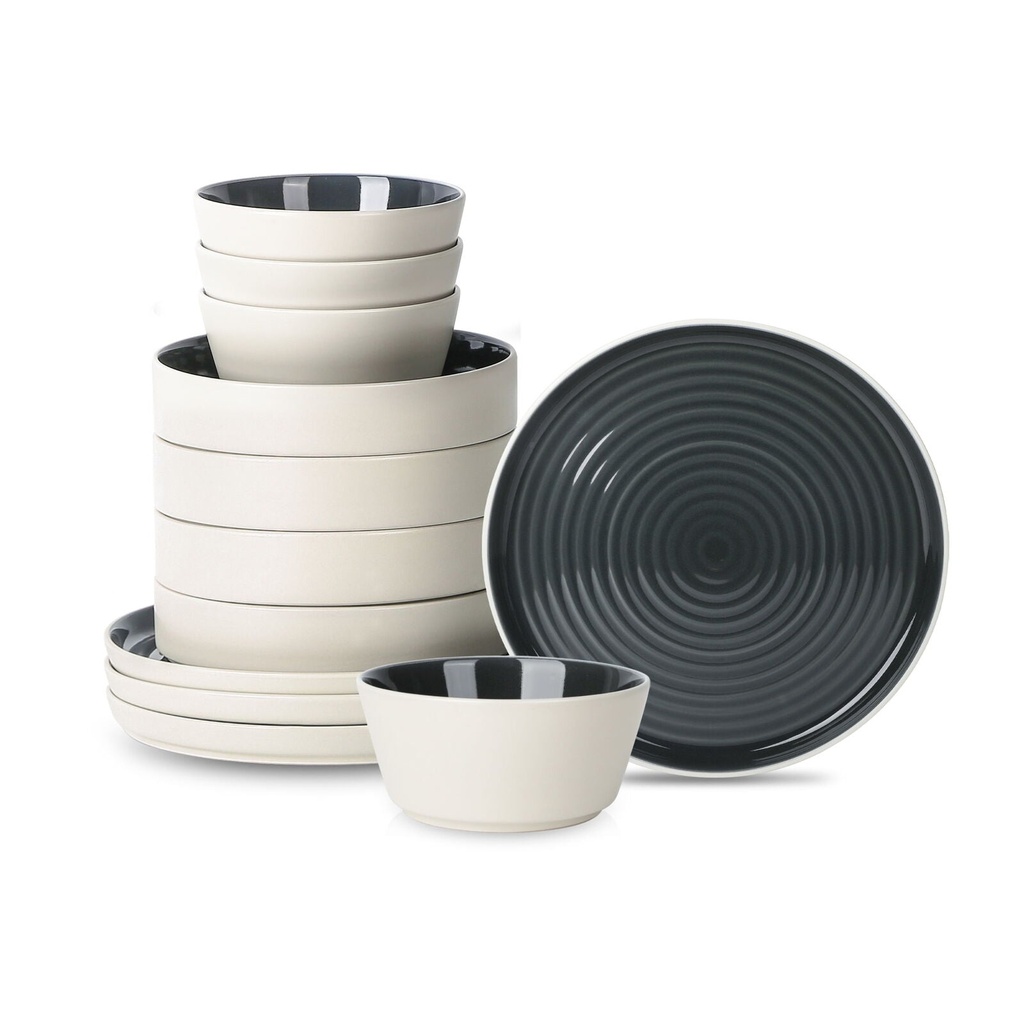 Stone Lain Elica 12-Piece Dinnerware Set Stoneware, Black and Beige