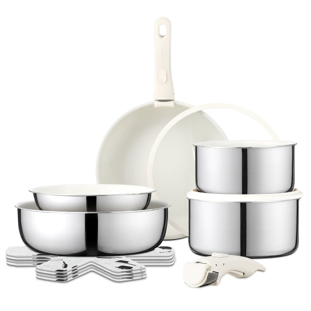 CAROTE 13Pcs Stainless Steel Pots and Pans Set with Removable Handle, Ceramic Co