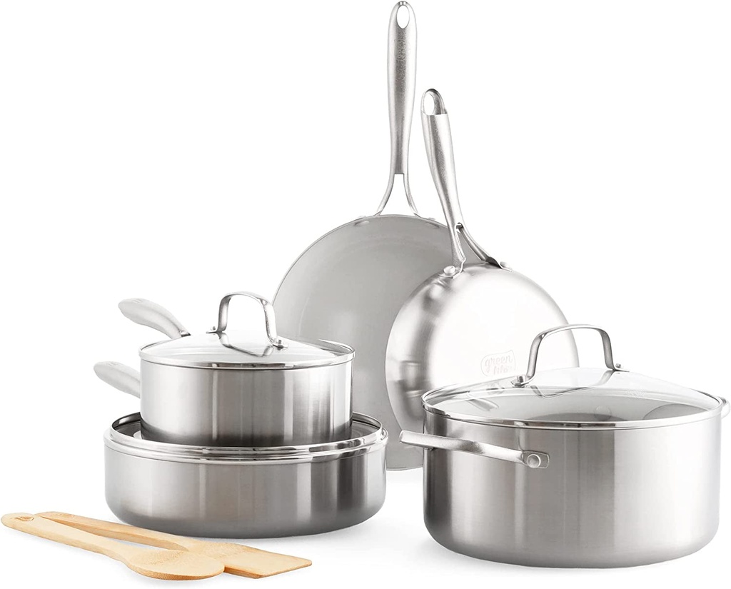 Greenlife Tri-Ply Stainless Steel Healthy Ceramic Nonstick, 10 Piece Cookware Po