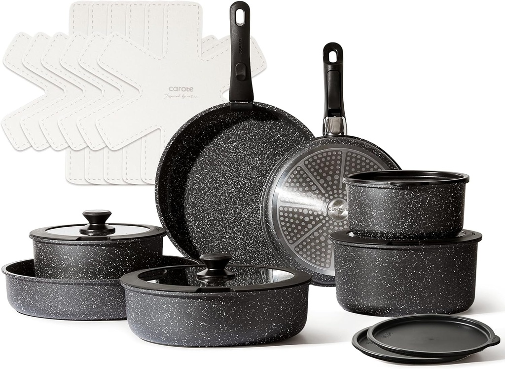 CAROTE 21Pcs Detachable Handle Pots and Pan Set, Nonstick Induction Cookware, Re