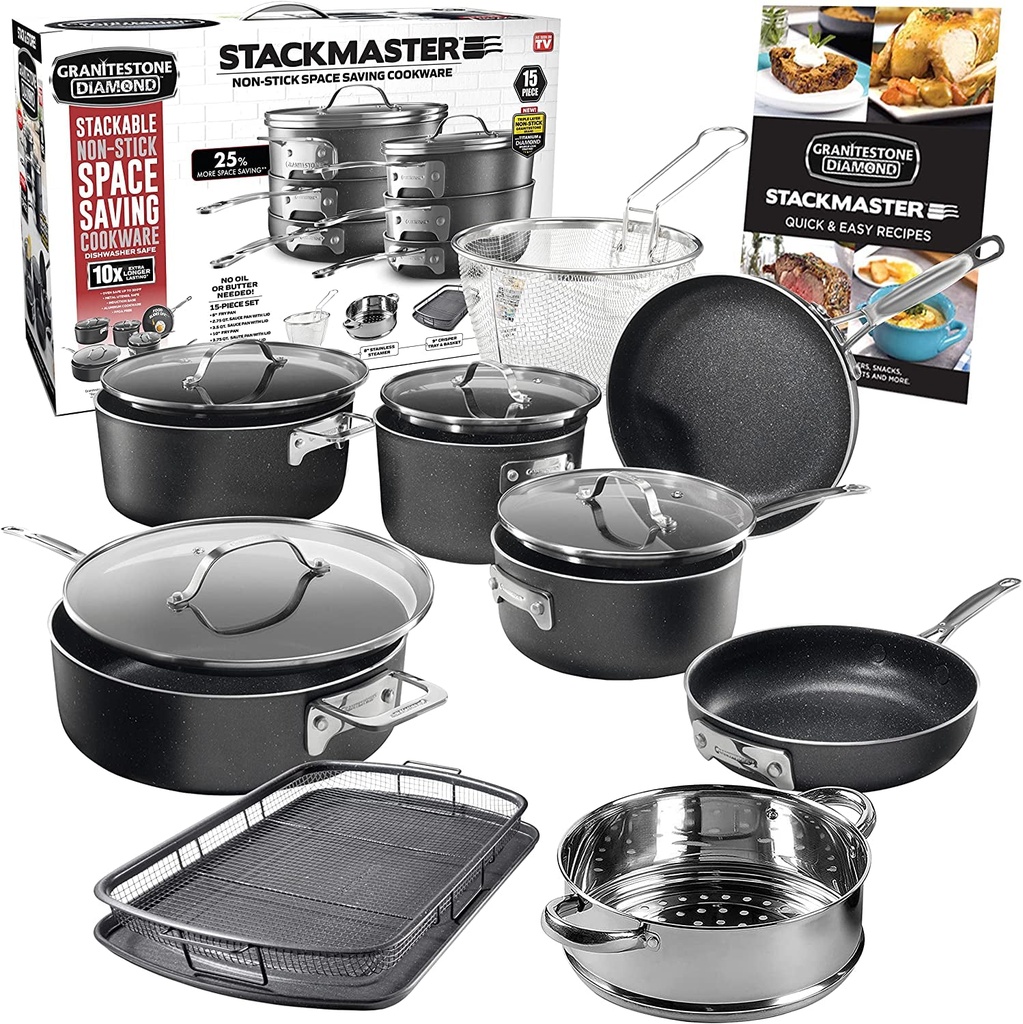 Granitestone Original Stackmaster 15 Piece Nonstick Cookware Set, Scratch Resist
