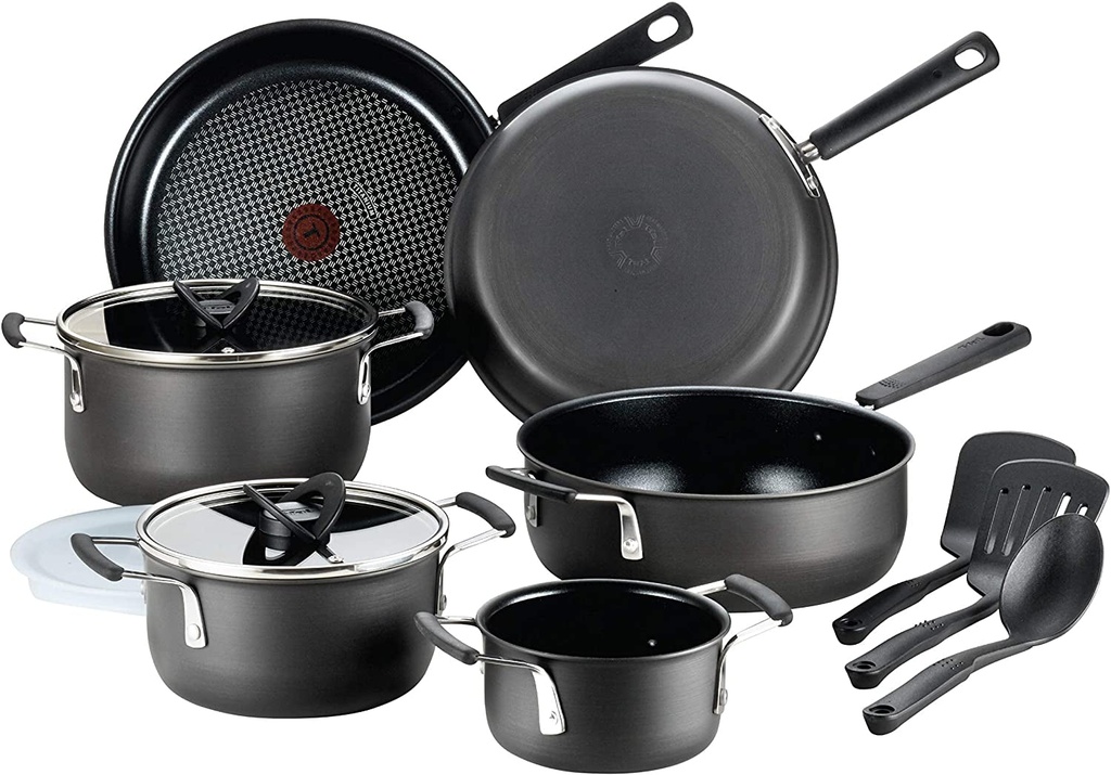 Set 12 Piece Pots and Pans, Dishwasher Safe Black T-Fal All in One Hard Anodize