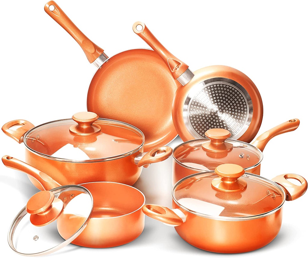 FRUITEAM 10Pcs Cookware Set Ceramic Nonstick Soup Pot/Milk Pot/Frying Pans Set |