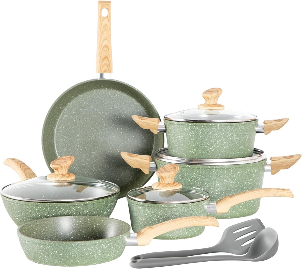 Kitchen Academy Induction Cookware Sets - 12 Piece Green Cooking Pan Set, Granit