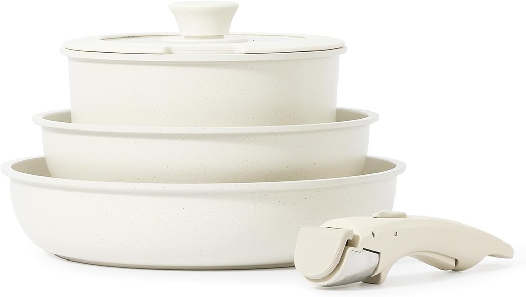 (White 5 PCS) CAROTE Nonstick Cookware Sets, Non Stick Pots and Pans Set Detac