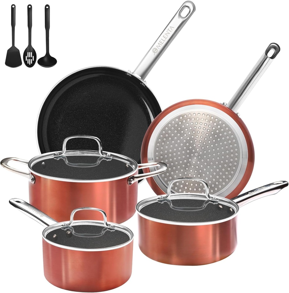 M MELENTA Pots and Pans Set Non Stick, 11Pcs Ceramic Cookware Set, Non Toxic Ind