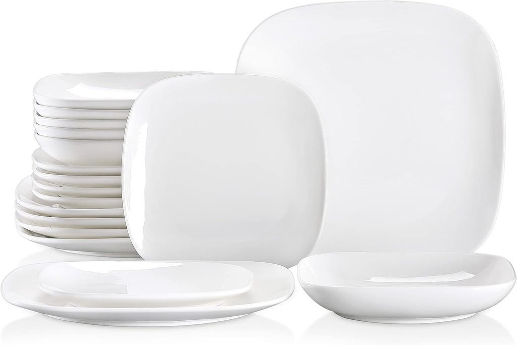 18 Piece LOVECASA White Dinnerware Square Dish Set Plates Sets
