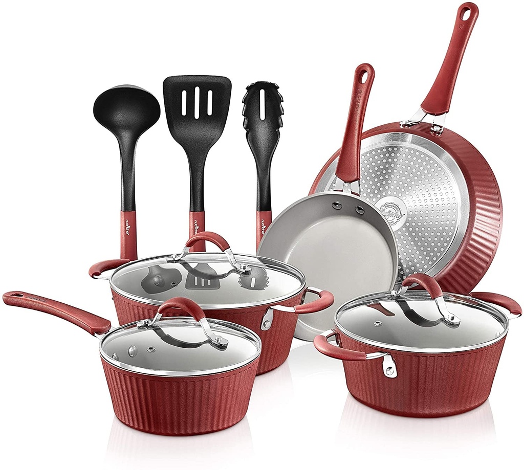 Nutrichef Non-Stick Kitchenware Pots & Pans, Gray inside & Red Outside, Metal +
