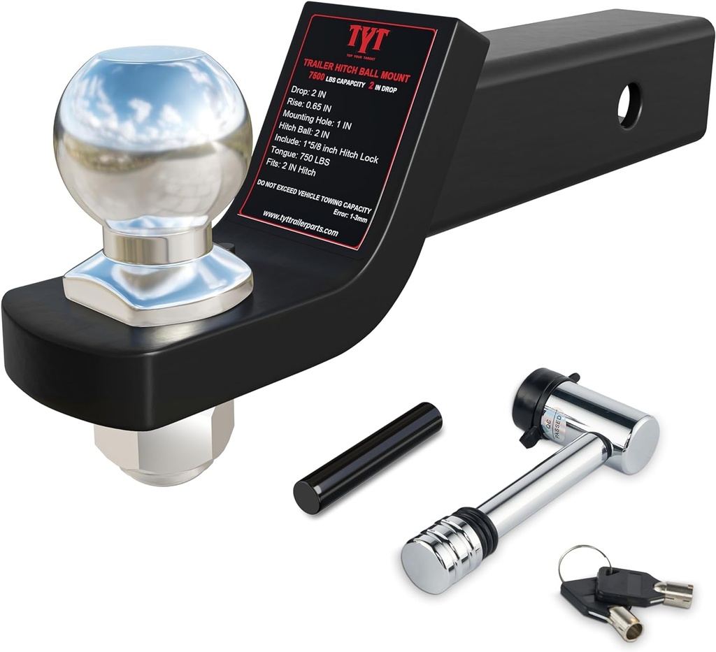 TYT Trailer Hitch Mount with 2" Chrome Ball&Lock, Fits 2-In Receiver, 7,500 Lbs