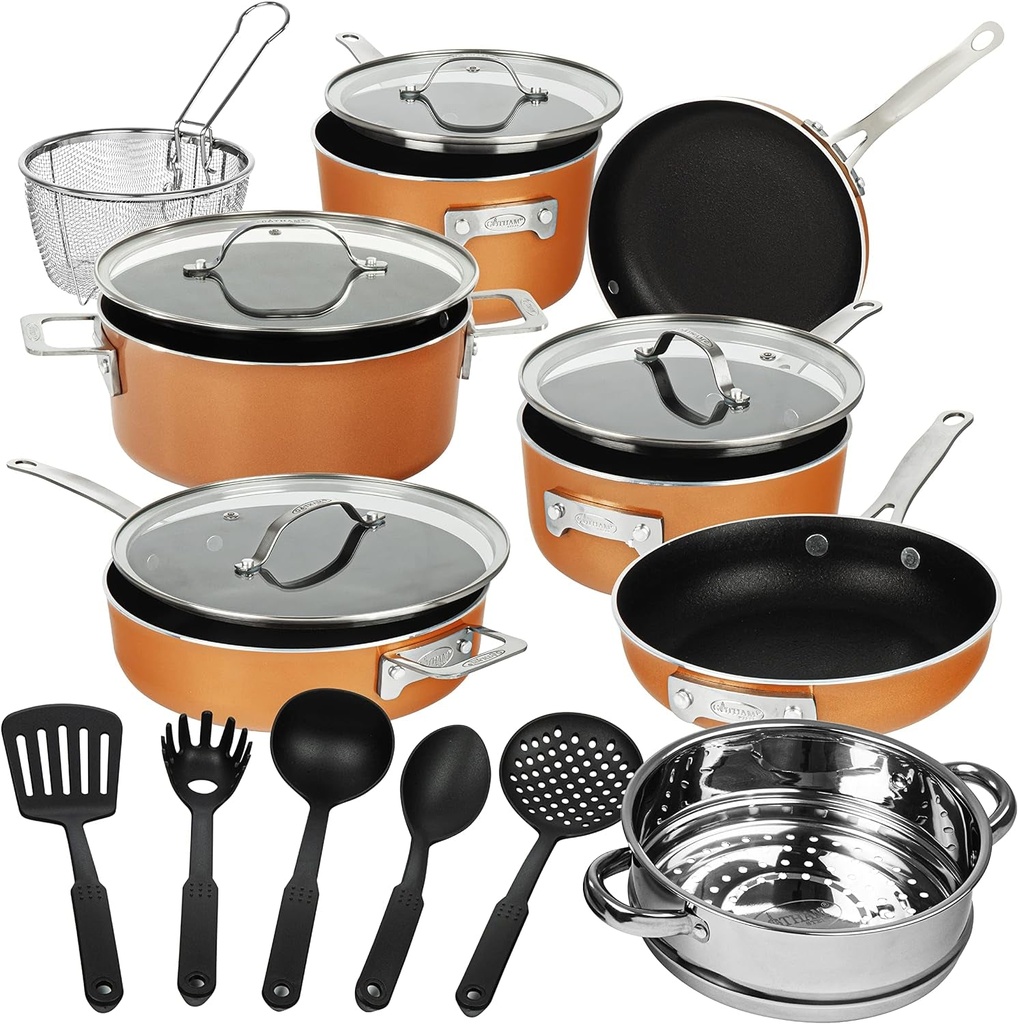 Gotham Steel Stackmaster Nonstick Pots & Pans Set, 17 Piece Copper Stackable Spa