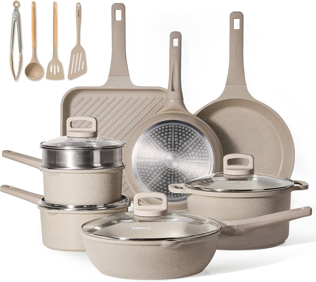 CAROTE Pots and Pans Set Non Stick, 16Pcs Kitchen Cookware Set, Stackable Induct