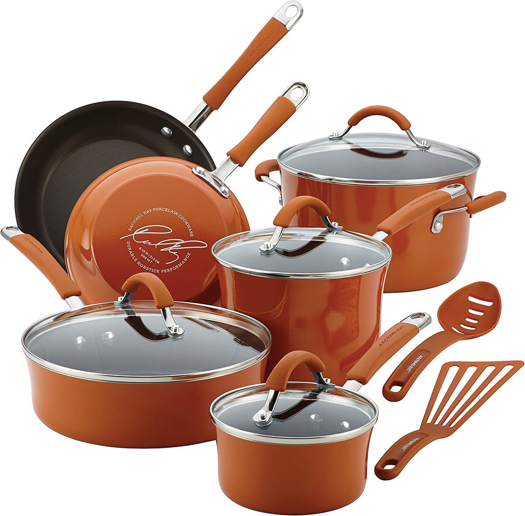 12 Piece Rachael Ray Cucina Nonstick Cookware Pots and Pans Set, , Pumpkin Oran