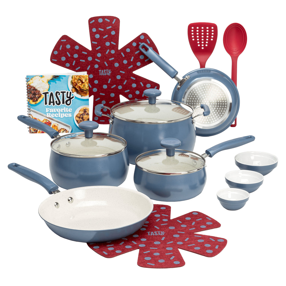 Tasty Clean Ceramic 16 Piece Non-Stick Aluminum Cookware Set, Pink