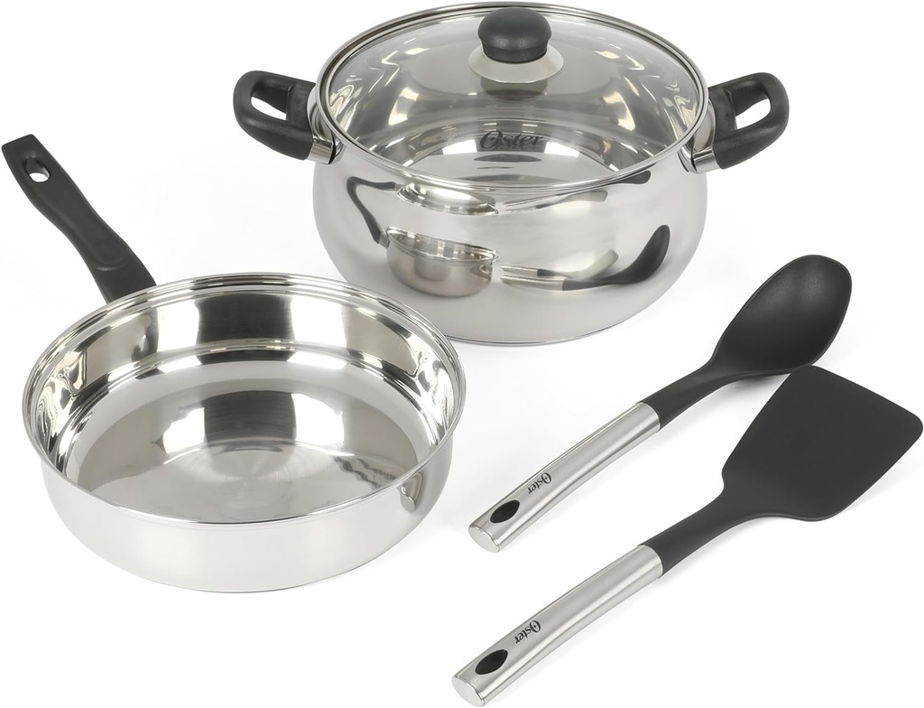 Oster Rametto 5 Pc Stainless Steel Pots and Pans Cookware Set W/Kitchen Tools
