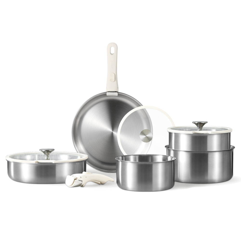 CAROTE 10Pcs Stainless Steel Pots and Pans Set, Cookware Set with Detachable Han