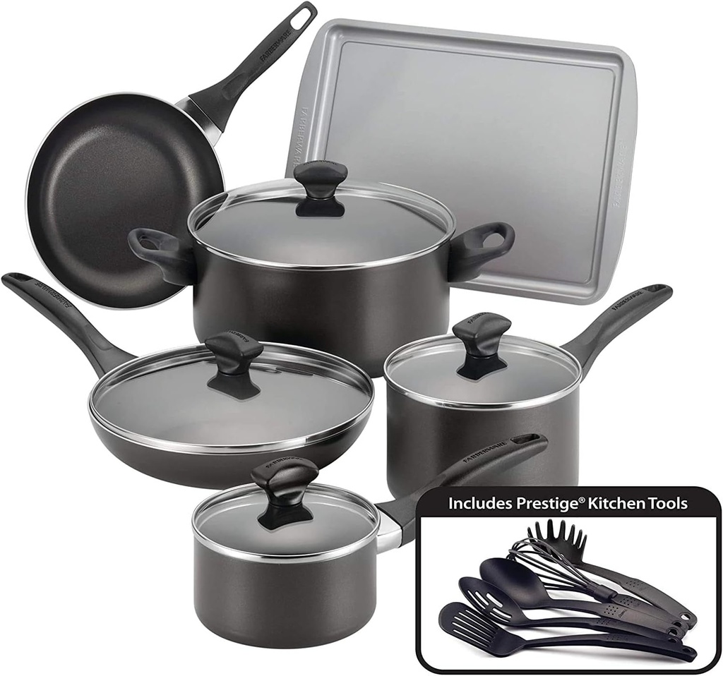 Farberware Dishwasher Safe Nonstick Cookware Pots and Pans Set, 15 Piece, Black,