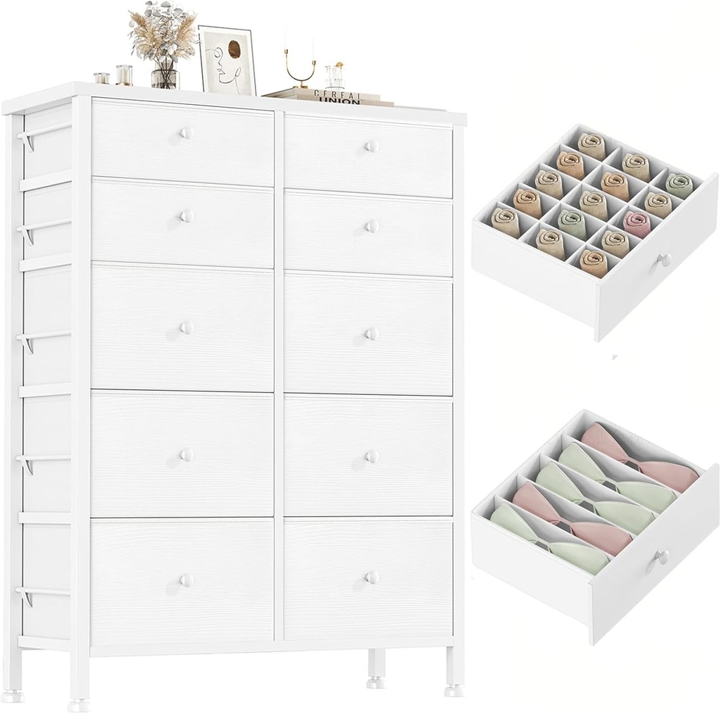 BOLUO White Dresser for Bedroom 10 Drawer Dressers & Chests of Drawers Tall Fabr