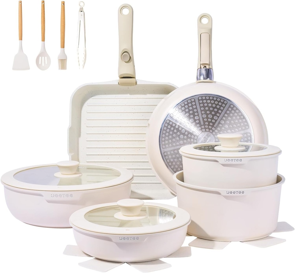 JEETEE Pots and Pans Set Non Stick 26Pcs, Cookware Set with Removable Handle, In