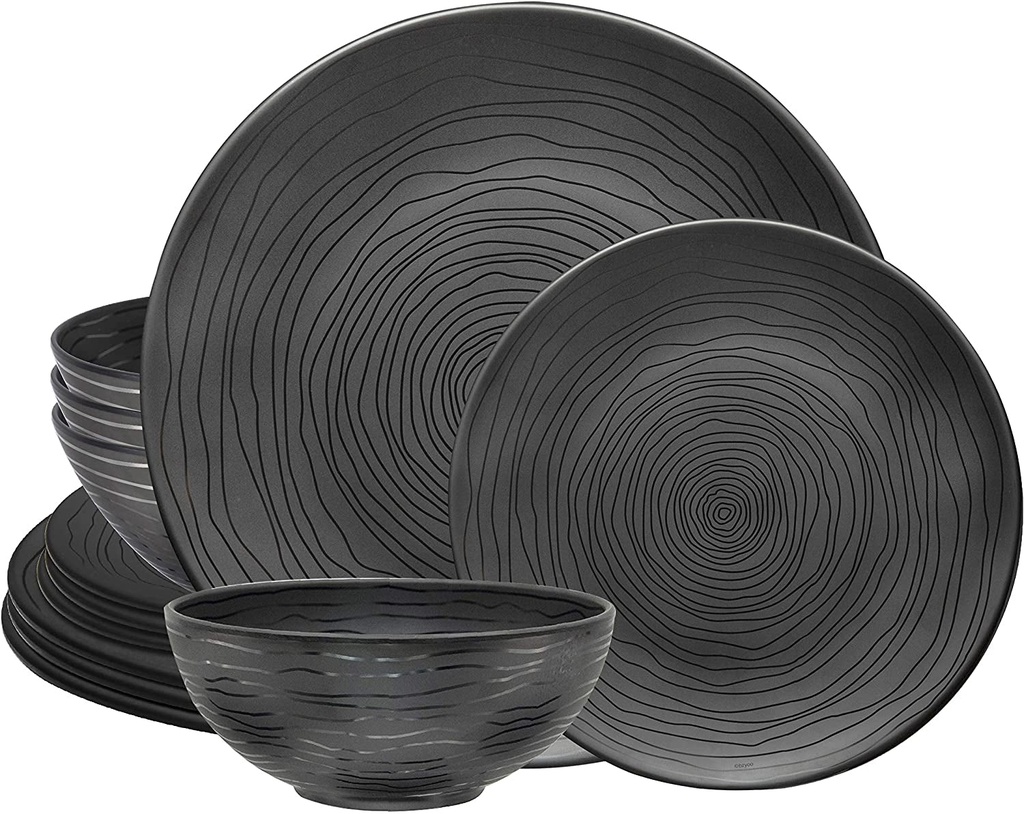 Bzyoo12 Piece Melamine Dinnerware Set - Durable, Dishwasher Safe Organica Black