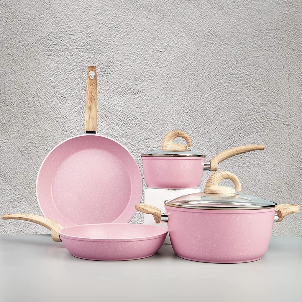 Pink Pots and Pans Set Non Stick, Ceramic Cookware Set Kitchen Cooking Sets Indu