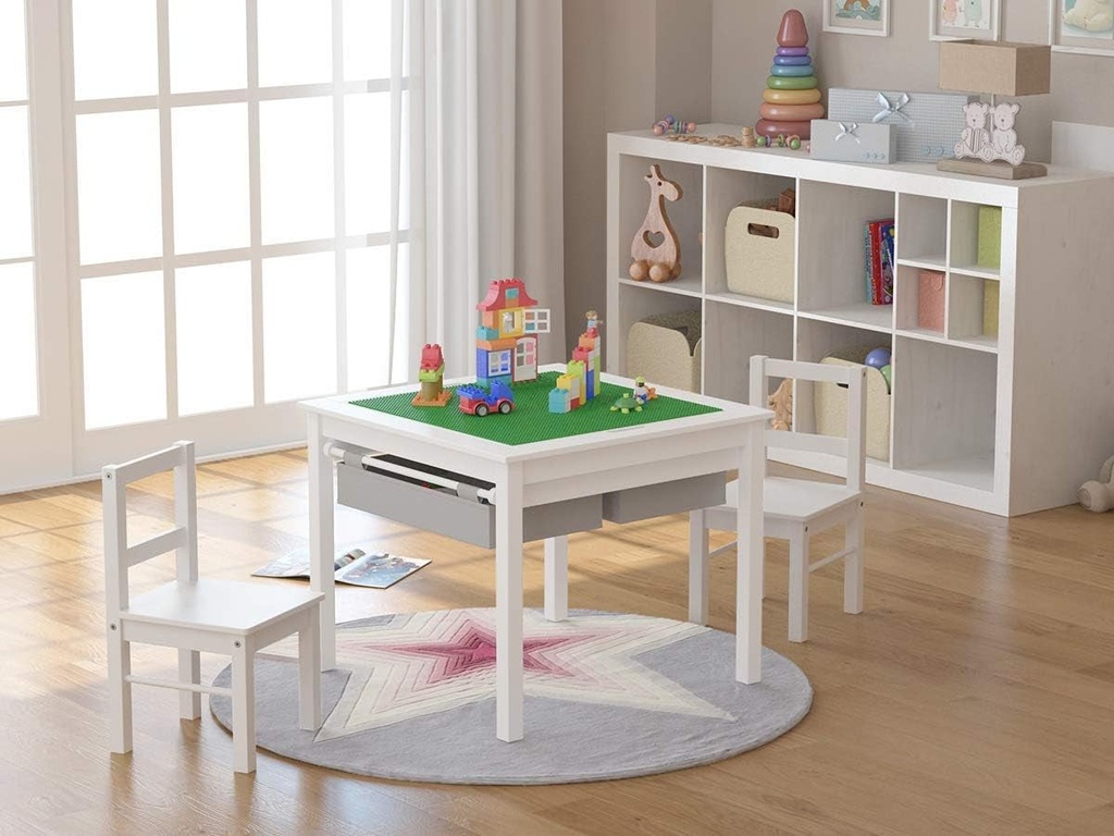UTEX Wooden 2 in 1 Kids Construction Play Table and 2 Chairs Set with Storage Dr
