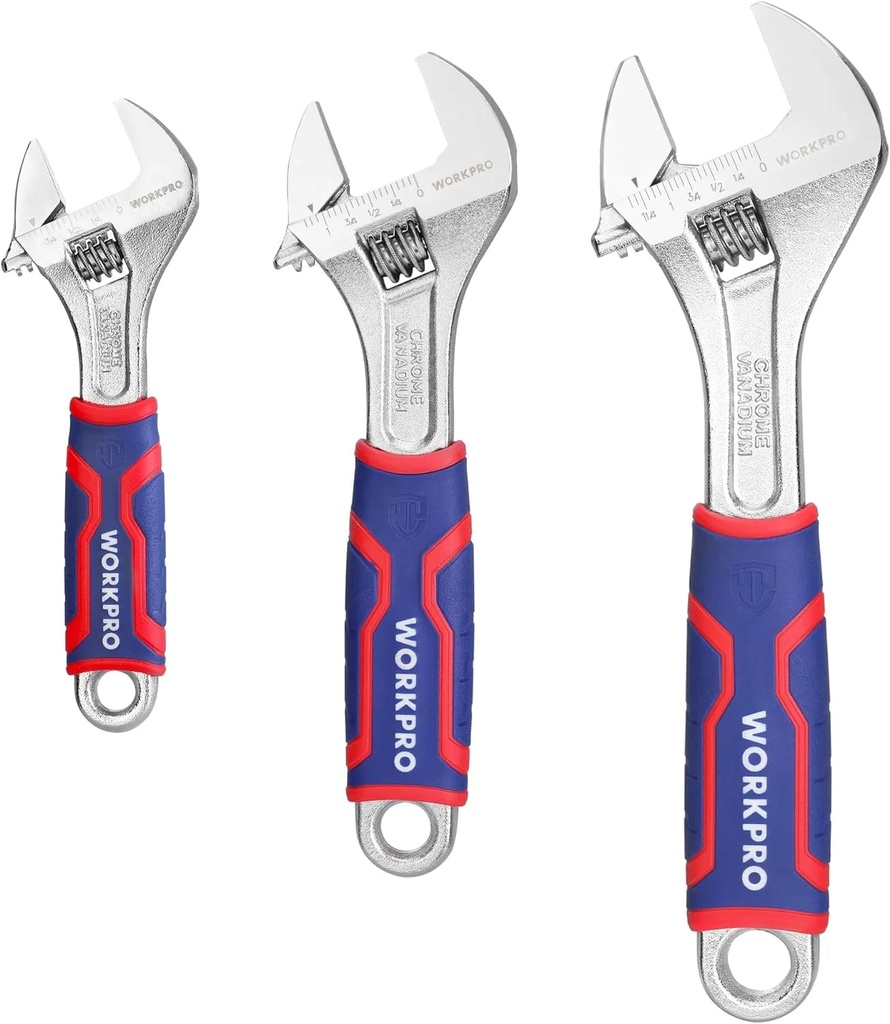 WORKPRO 3-Piece Adjustable Wrench Set, Cr-V Wide Jaw Wrench with Rubber Anti-Slip Grip, 6-Inch, 8-Inch, 10-Inch with Metric/Sae Scales, Chrome Plated