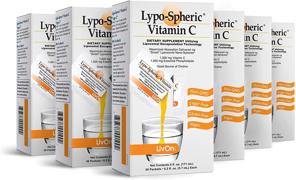 Lypo–Spheric Vitamin C – 6 Cartons (180 Packets) – 1,000 Mg Vitamin C & 1,000 Mg