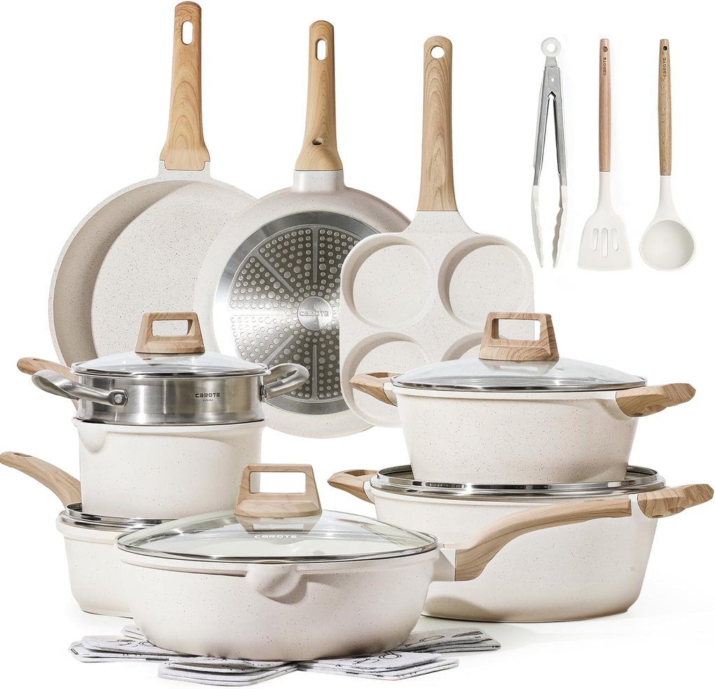 CAROTE 21Pcs Pots and Pans Set, Nonstick Cookware Sets, White Granite Induction