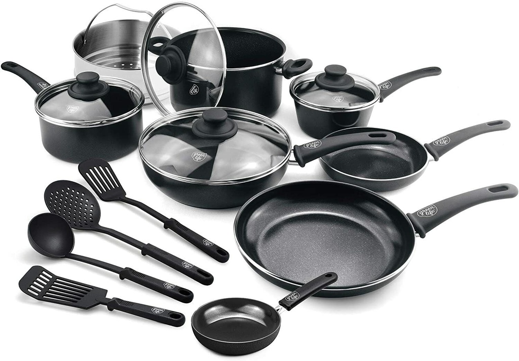 Greenlife Cookware Pan Fry Soft Grip 16Pc Set Ceramic Non-Stick Black Diamond