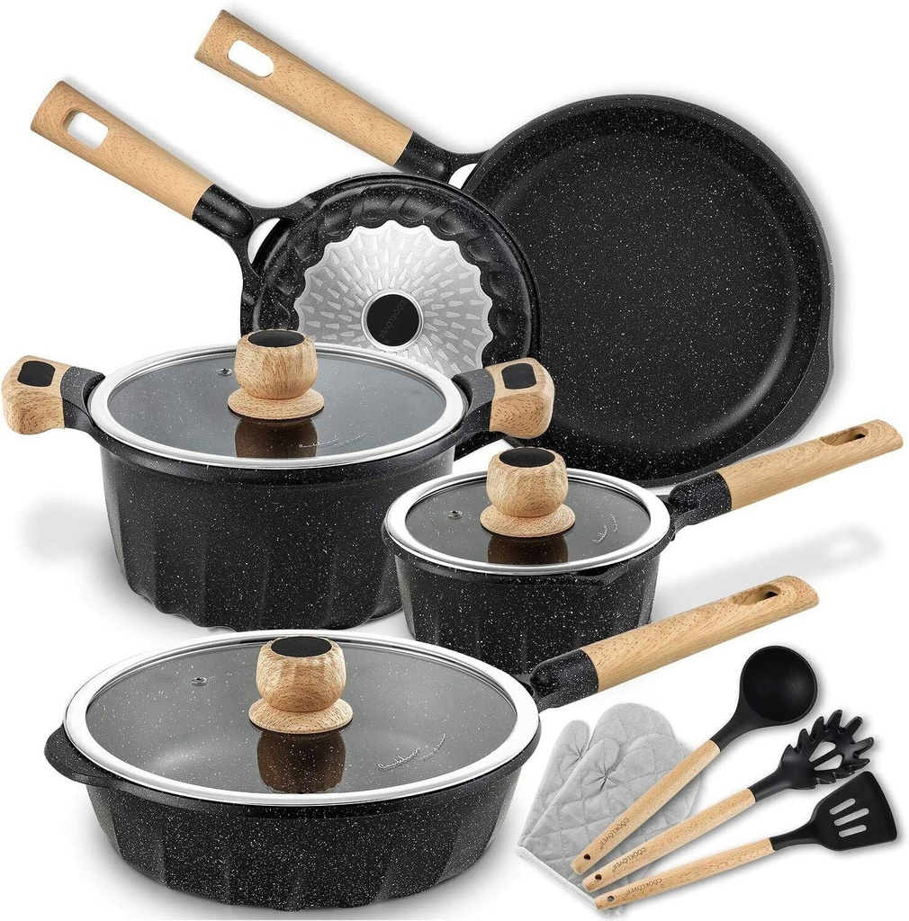 Cookware Nonstick PFOA Free Induction Pots & Pans Set, Utensils - Black & White