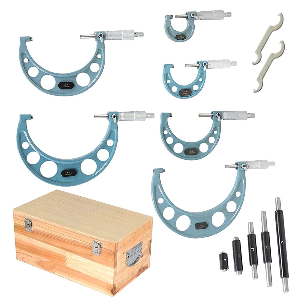Waltyotur 6Pcs C-Type 0-6 Inch outside Micrometer Precision Machinist Tool Set Accuracy 0.0001 Inch for Precision Measurement Work