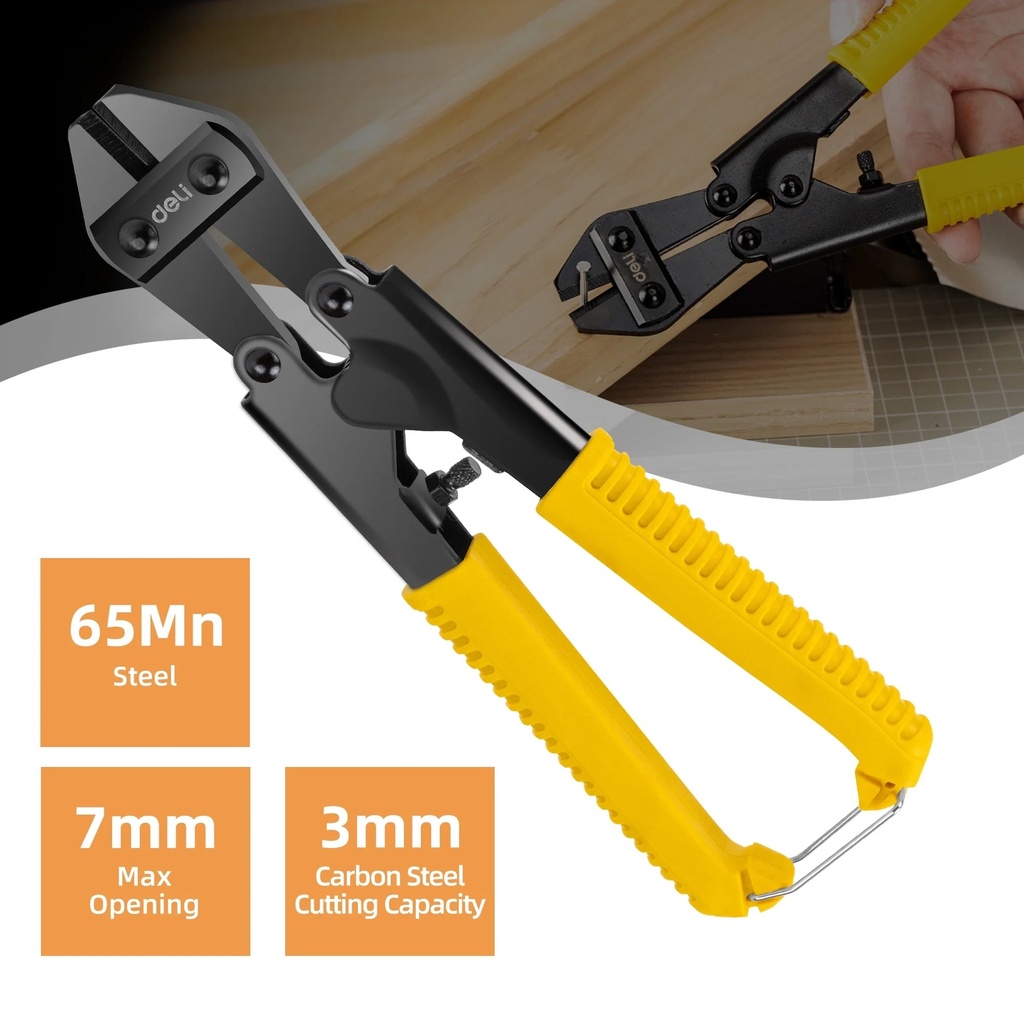 Deli 8-Inch Mini Bolt Cutter, Small Heavy Duty Wire Cutter, with Comfortable Soft Rubber Grip, Security Lock, 65Mn Steel Blade for Wire, Cables, Chains, Small Screws