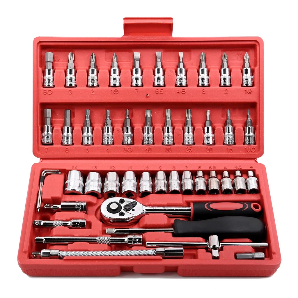 GOXAWEE 46 Pieces 1/4 Inch Drive Socket Ratchet Wrench Set with Torque Tools, Bit Socket Set Metric, and Extension Bar - Ideal for Auto Repairing and Household Use