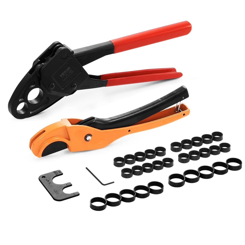 BENTISM PEX Pipe Crimping Tool, Angle Dual Head Combo PEX Crimper for 1/2" and 3/4" Copper Crimp Rings, 30 Copper Crimp Rings, PEX Tubing Cutter, Go/No-Go Gauge, Meets ASTM F1807 Standards
