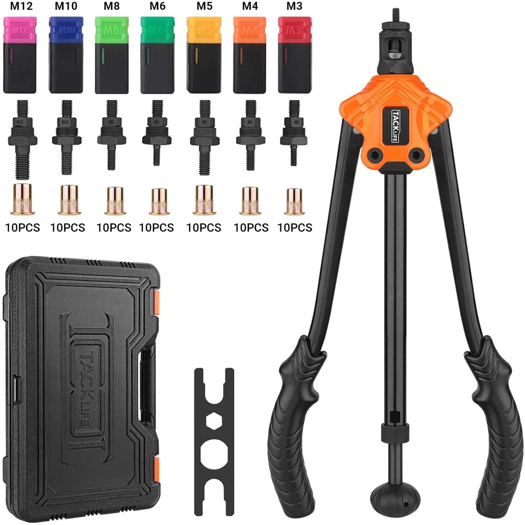 TACKLIFE Rivet Nut Tool,14"Auto Pumping Rod Rivet Setter Kit with 8 Metric Mandrels 80Pcs Rivet Nuts-Hhnp1A