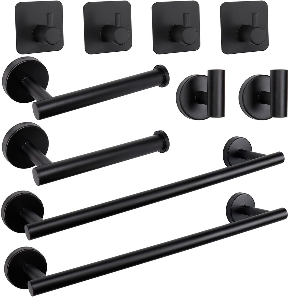 Tocten Bathroom Hardware Set, Stainless Steel 24IN Bath Towel Bar Set Including 2 Towel Rack for Bathroom+2 Toilet Paper Holder+6 Towel Hooks Wall Mount Bathroom Accessory Set(Matte Black,16In)