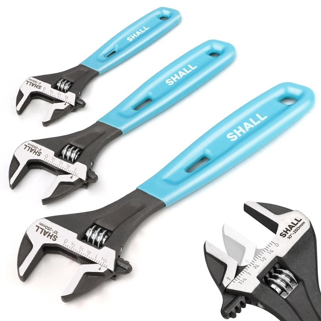 SHALL 3-Piece Adjustable Wrench Set, 10/8/6 Inch Cr-V Steel Wrench with Cushion Grip, Wide Jaw Black Oxide Wrench with Laser-Etched SAE Scales for Home, Garage, Workshop and DIY